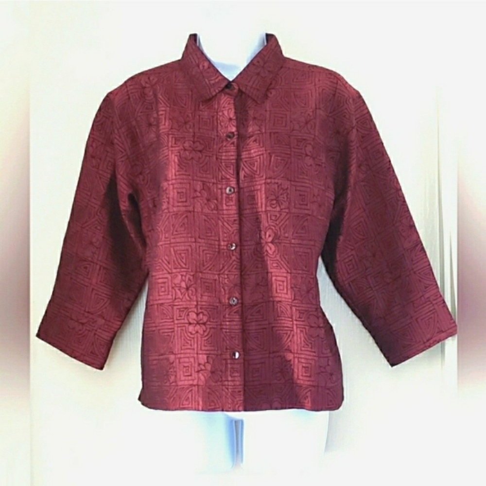 Vintage 90s Chicos Jacket Size 1 XS Metallic Dark Red Black Chinese Flowers CL5